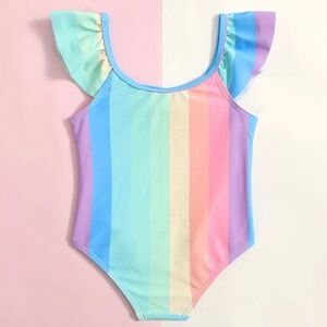 Pastel Striped One Piece Ruffle Sleeve Swimsuit, Size 9Y (fits like 7/8)